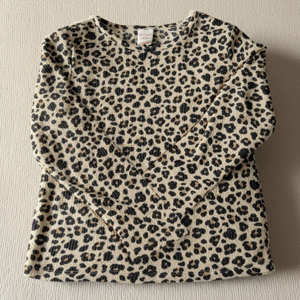 Cat and Jack L Leopard Waffle Top Girls Beige Cotton Blend Long Sleeve Crewneck